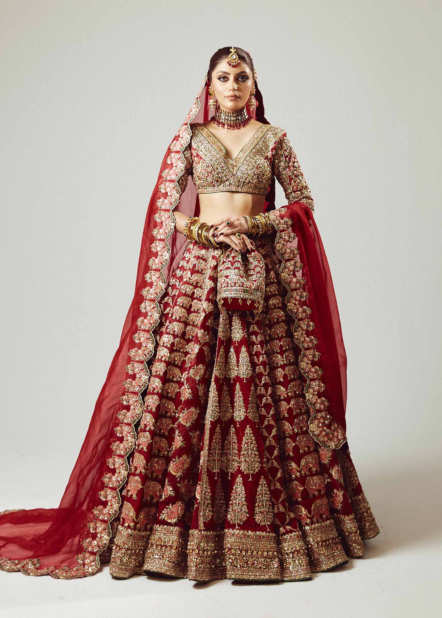 Red Embroidered Pure Organza Lehenga Choli (3-Piece) - Image 2