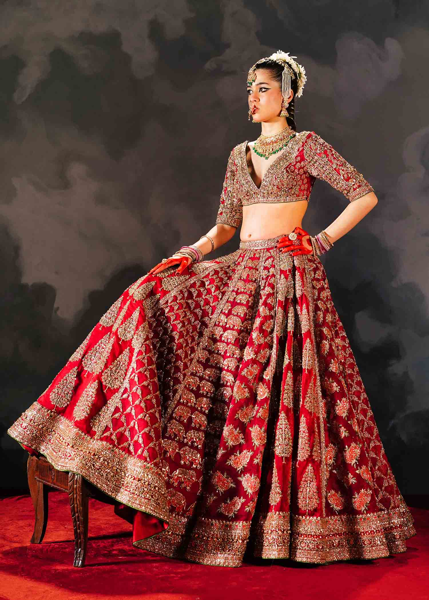 Red Embroidered Pure Organza Lehenga Choli (3-Piece) - Image 3