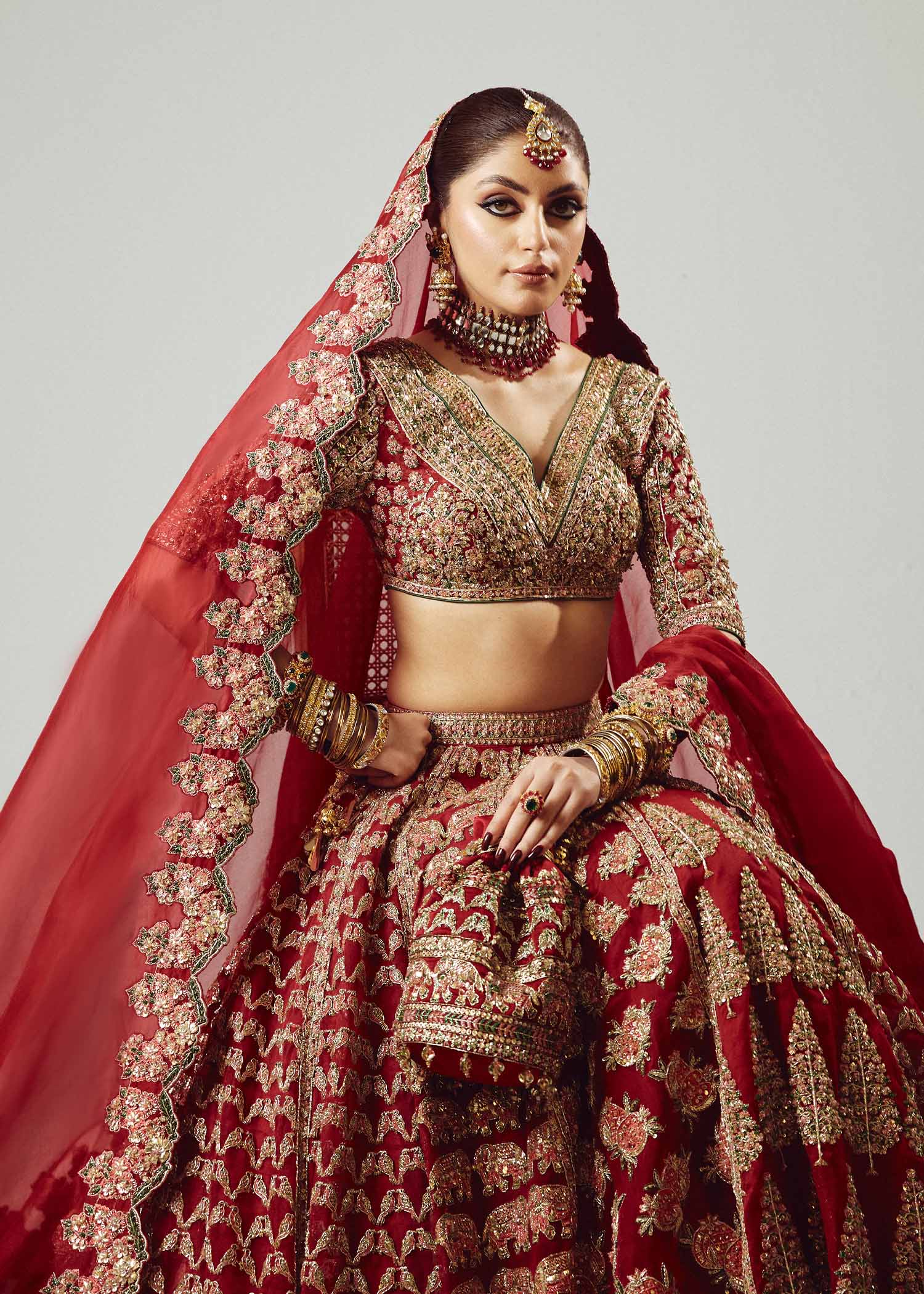 Red Embroidered Pure Organza Lehenga Choli (3-Piece) - Image 6