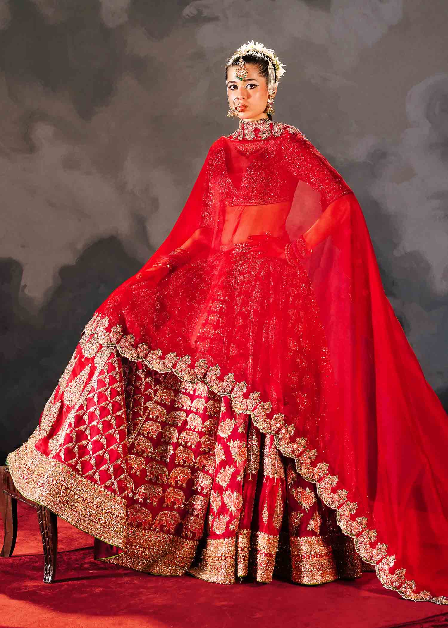 Red Embroidered Pure Organza Lehenga Choli (3-Piece) - Image 7
