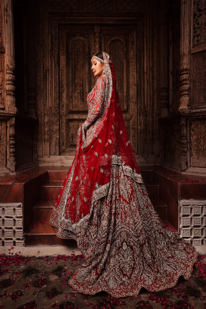 Red Zardozi Embroidered Organza Bridal Jacket Lehenga (3-Piece) - Image 3