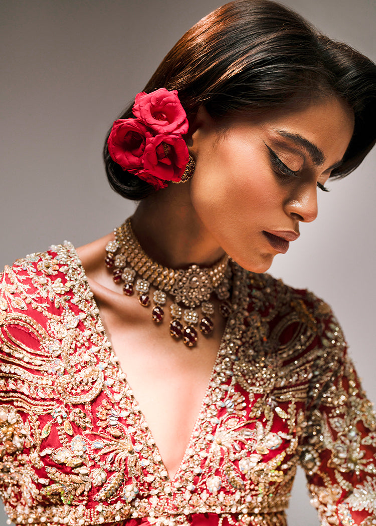 Deep Red Embellished Organza Pishwas with Gold Jacquard Lehenga (3-Piece) - Image 11