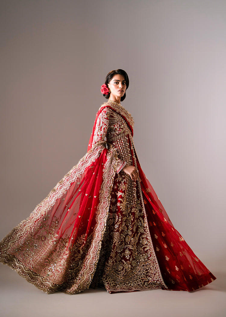Deep Red Embellished Organza Pishwas with Gold Jacquard Lehenga (3-Piece) - Image 12