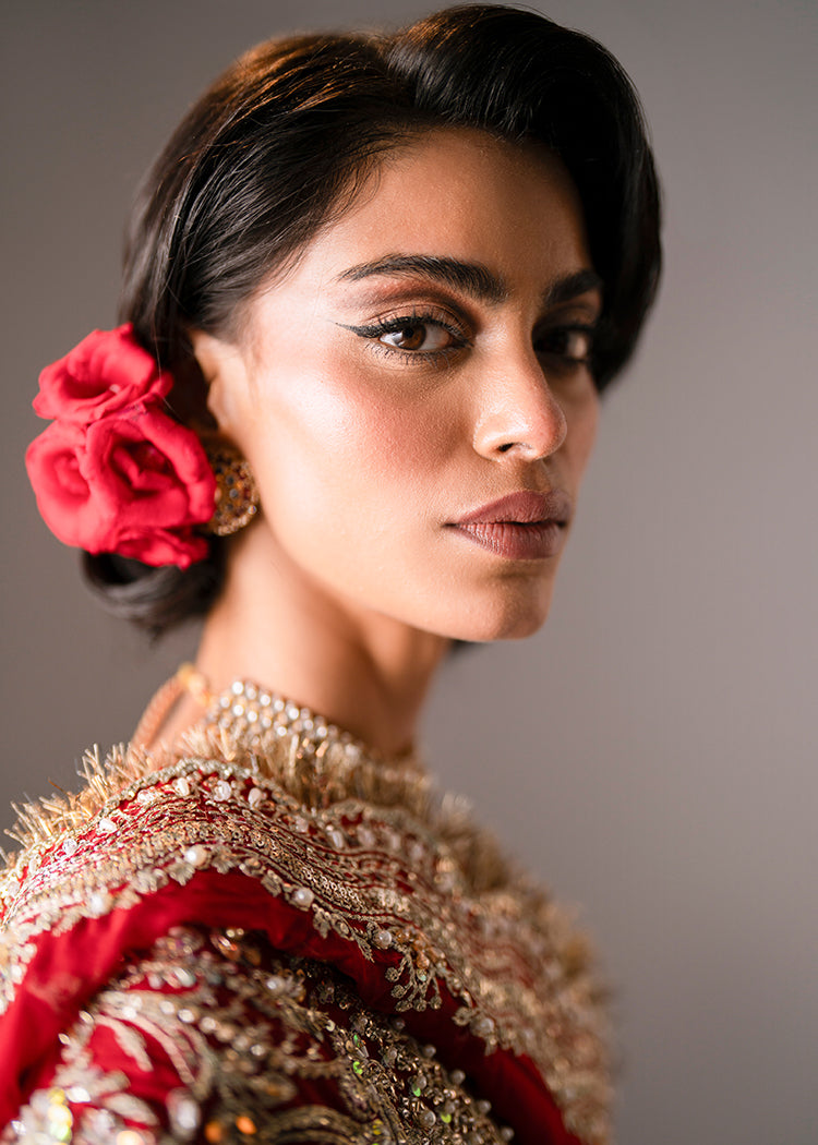 Deep Red Embellished Organza Pishwas with Gold Jacquard Lehenga (3-Piece) - Image 2