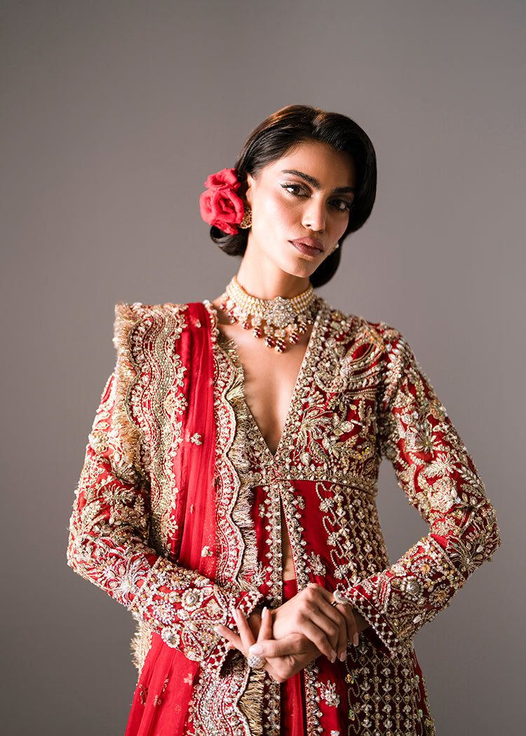 Deep Red Embellished Organza Pishwas with Gold Jacquard Lehenga (3-Piece) - Image 3