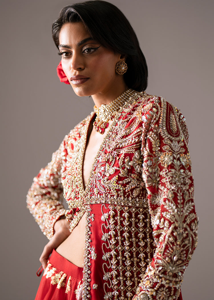 Deep Red Embellished Organza Pishwas with Gold Jacquard Lehenga (3-Piece) - Image 4