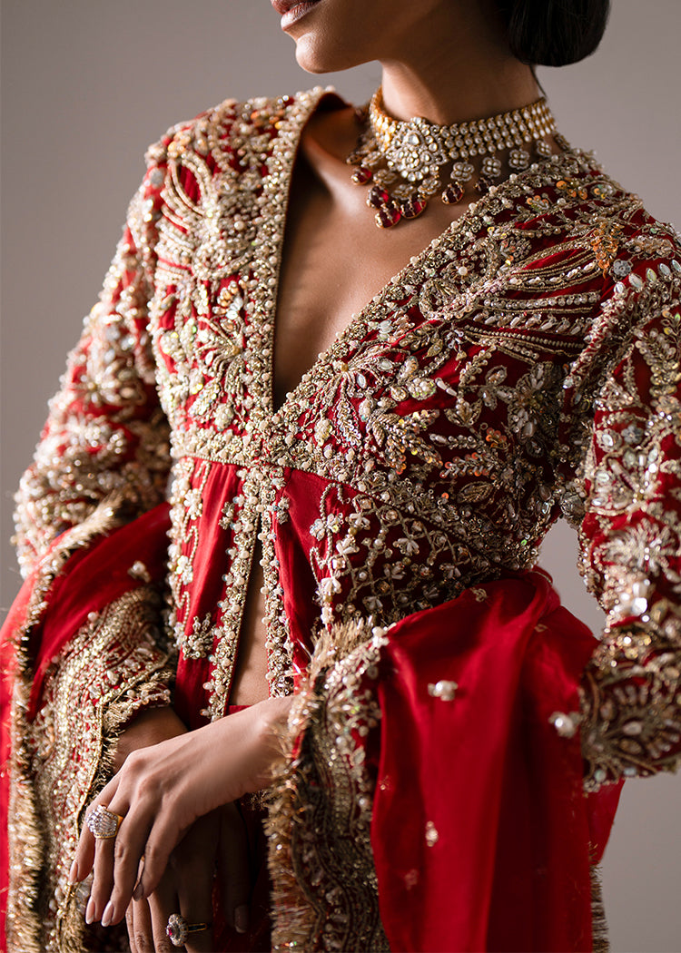 Deep Red Embellished Organza Pishwas with Gold Jacquard Lehenga (3-Piece) - Image 5