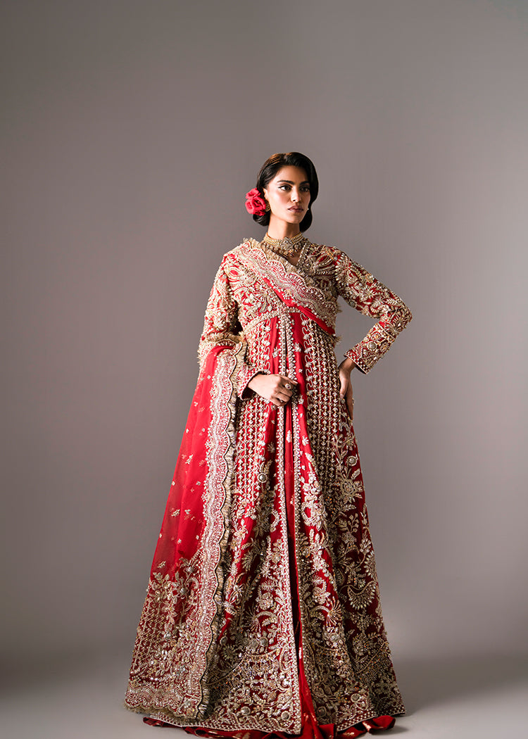 Deep Red Embellished Organza Pishwas with Gold Jacquard Lehenga (3-Piece) - Image 6