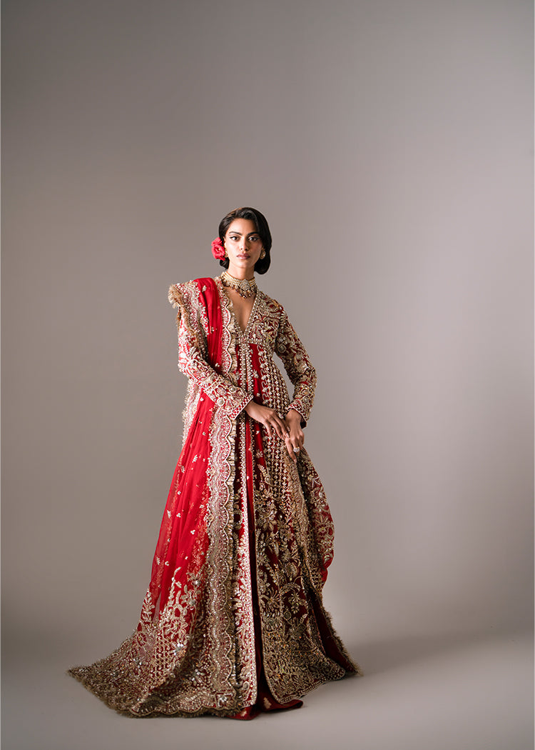 Deep Red Embellished Organza Pishwas with Gold Jacquard Lehenga (3-Piece) - Image 7