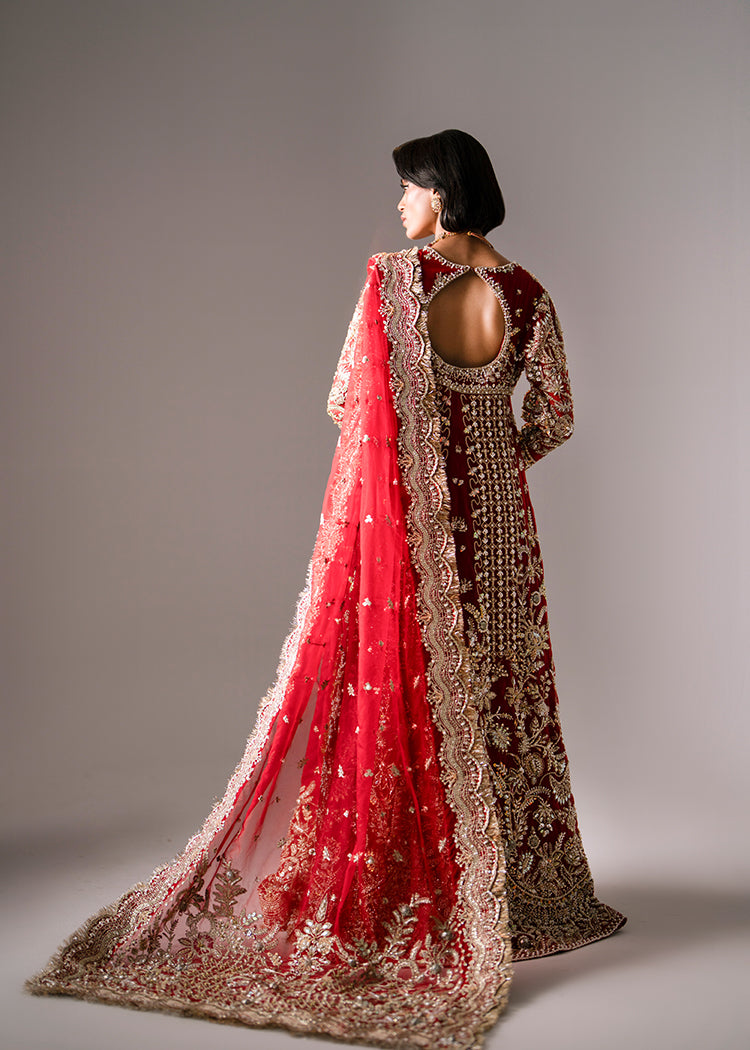 Deep Red Embellished Organza Pishwas with Gold Jacquard Lehenga (3-Piece) - Image 8