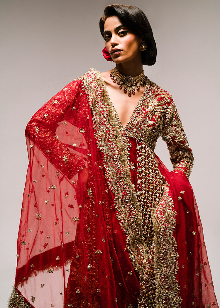 Deep Red Embellished Organza Pishwas with Gold Jacquard Lehenga (3-Piece) - Image 9