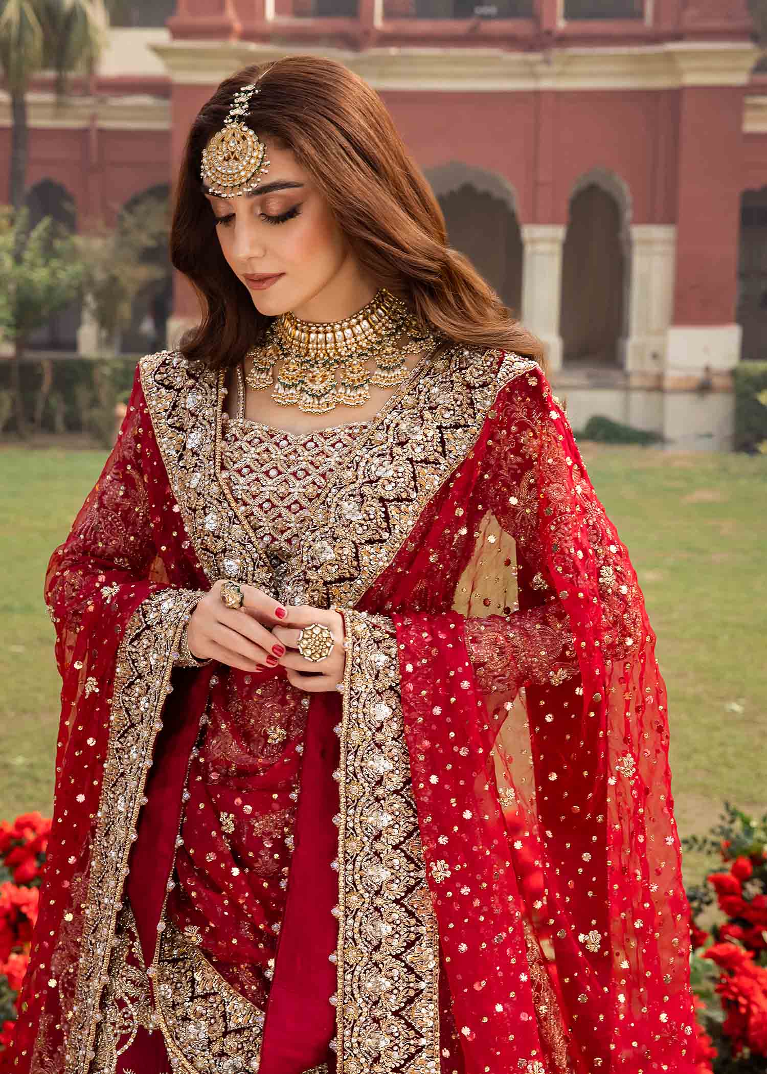Pakistani Deep Red Zardozi Kathaan Organza Pishwas Dress (3-Piece) - Image 4