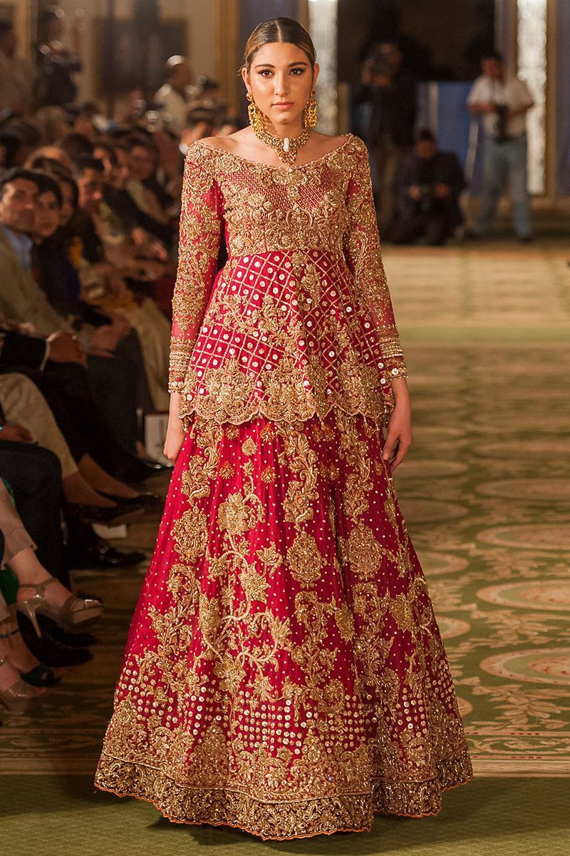 Pakistani Red Zardozi Organza Peplum Lehenga (3-Piece) - Image 1