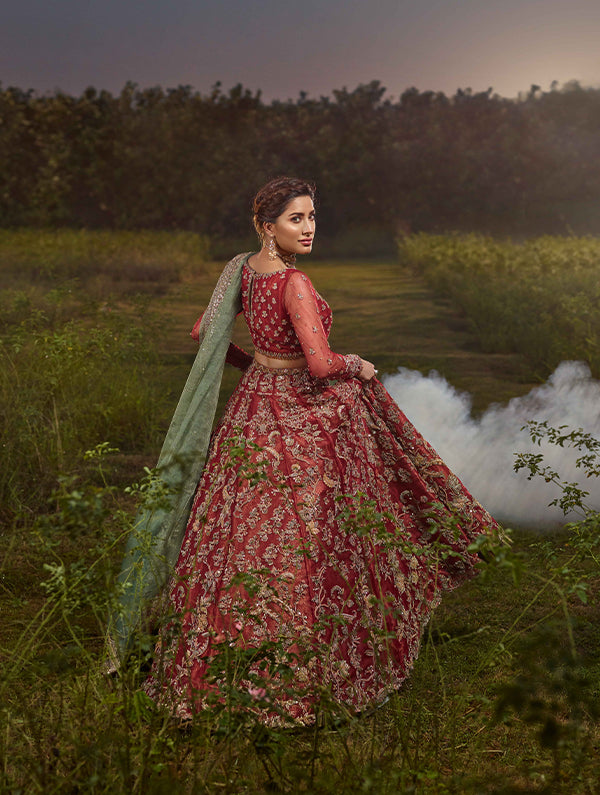Deep Red Embroidered Organza Bridal Lehnga Choli (3-Piece) - Image 4