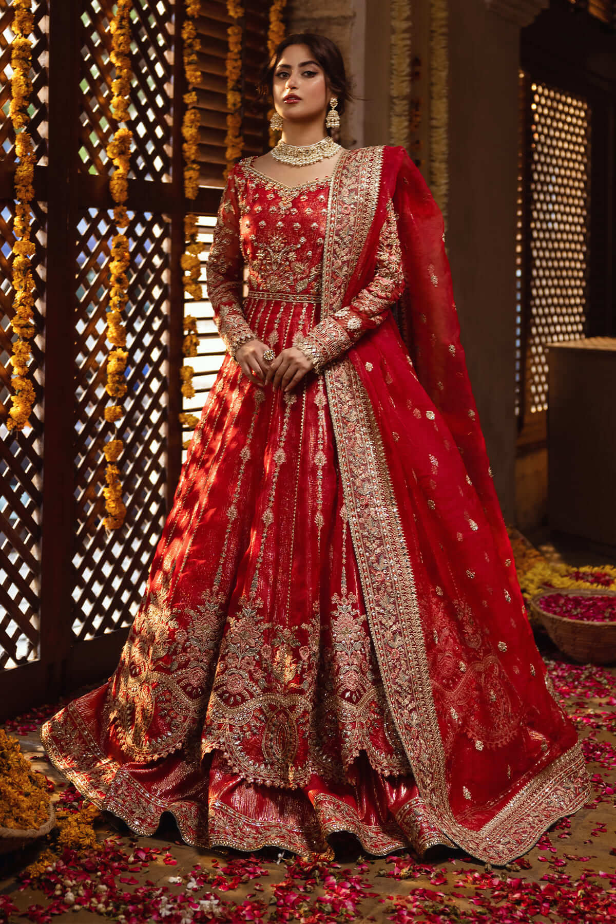 Pakistani Crimson Red Embroidered Organza Bridal Lehnga (3-Piece) - Image 1