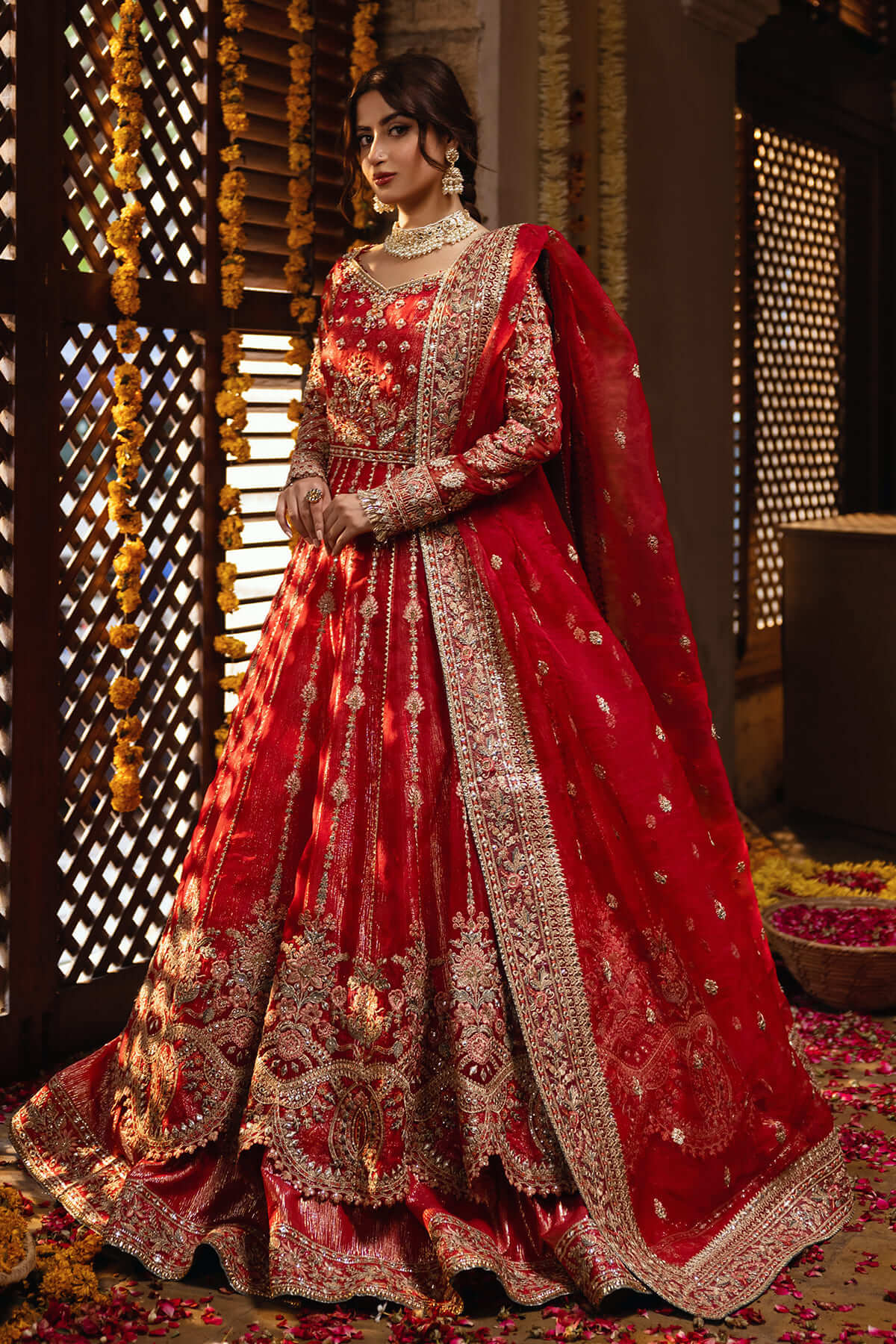 Pakistani Crimson Red Embroidered Organza Bridal Lehnga (3-Piece) - Image 2