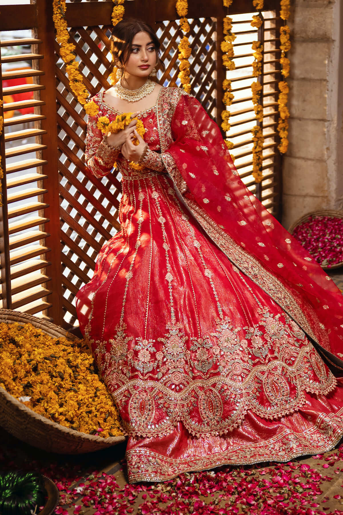 Pakistani Crimson Red Embroidered Organza Bridal Lehnga (3-Piece) - Image 4