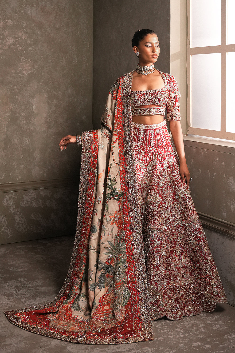 Pakistani Deep Red Embellished Organza & Silk Tissue Lehenga (3-Piece) - Image 1