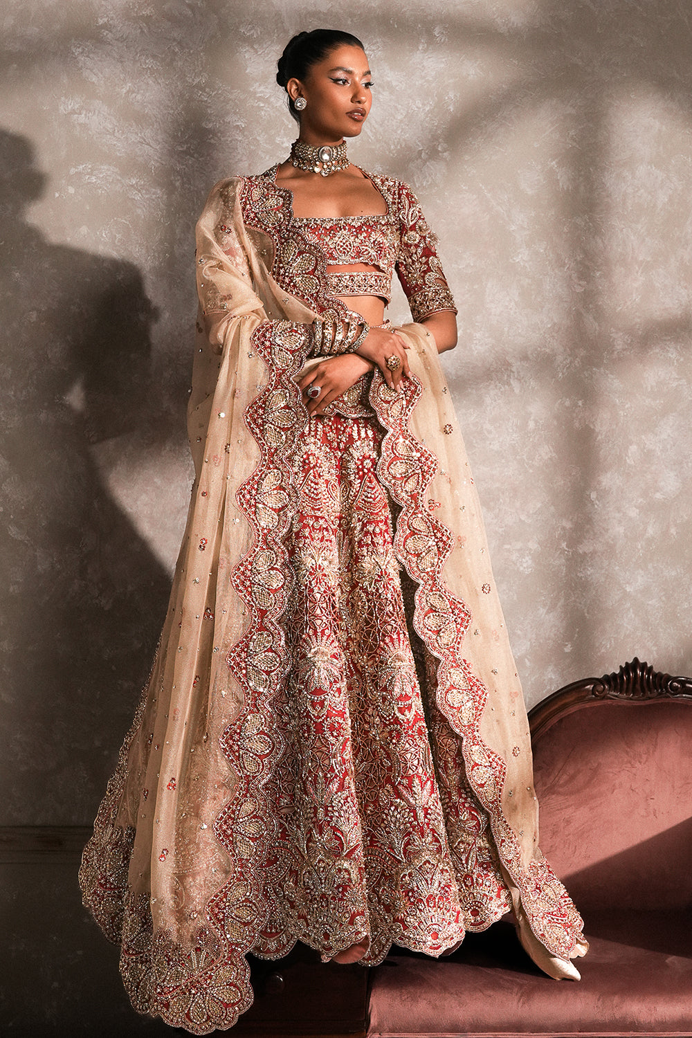 Pakistani Deep Red Embellished Organza & Silk Tissue Lehenga (3-Piece) - Image 2