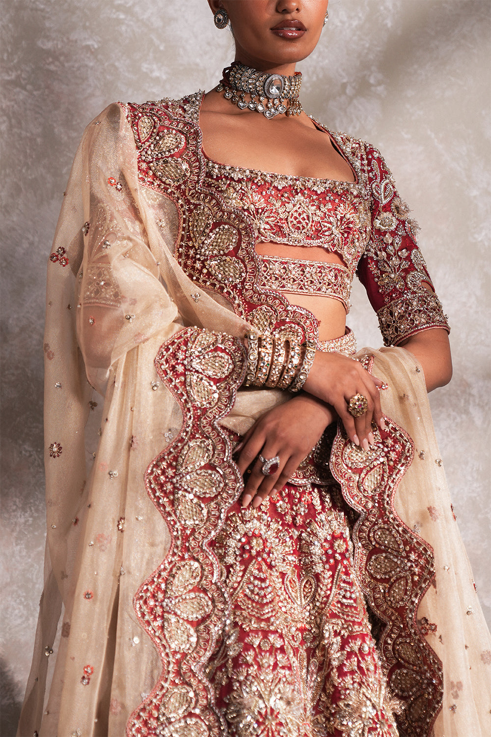 Pakistani Deep Red Embellished Organza & Silk Tissue Lehenga (3-Piece) - Image 3