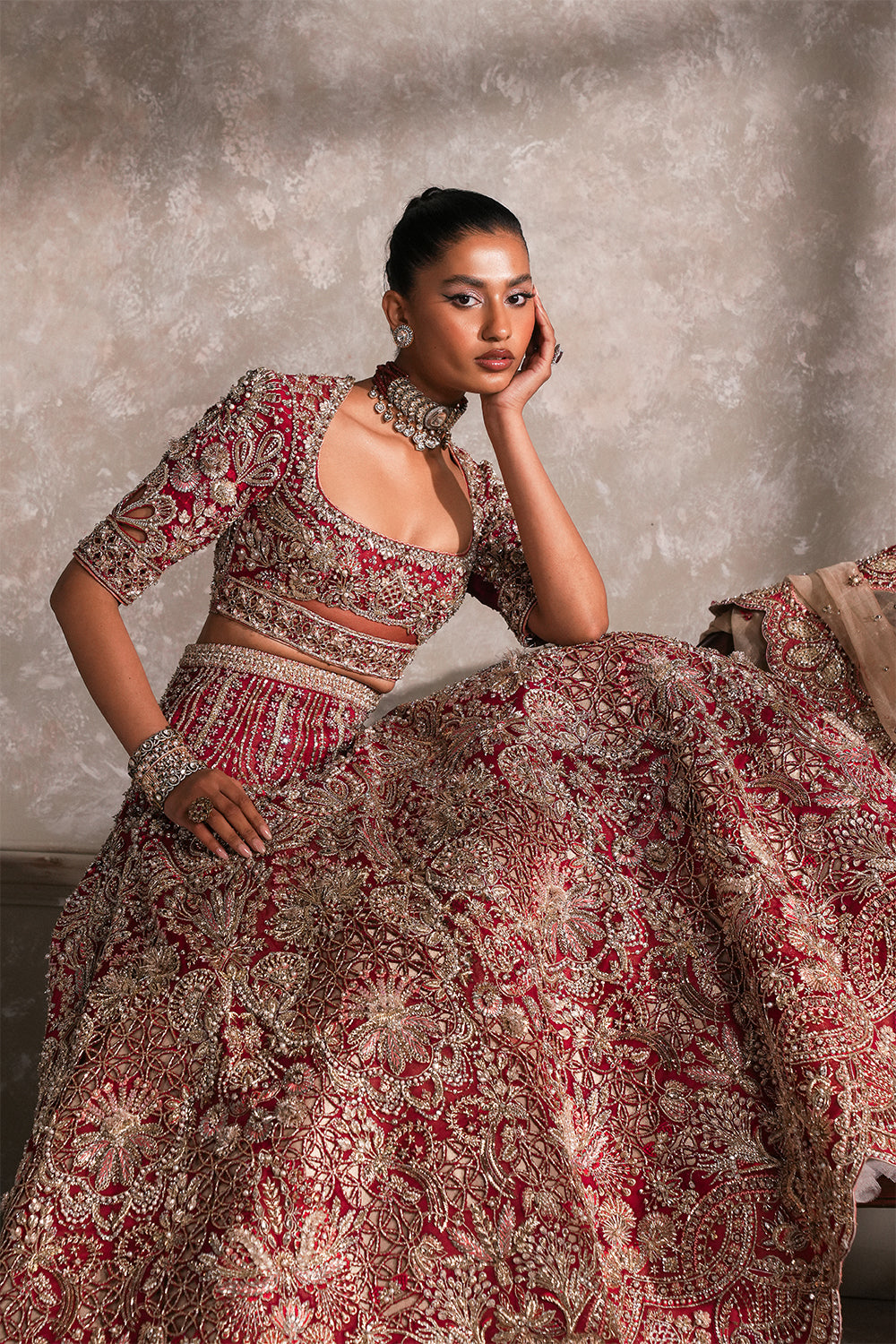 Pakistani Deep Red Embellished Organza & Silk Tissue Lehenga (3-Piece) - Image 4