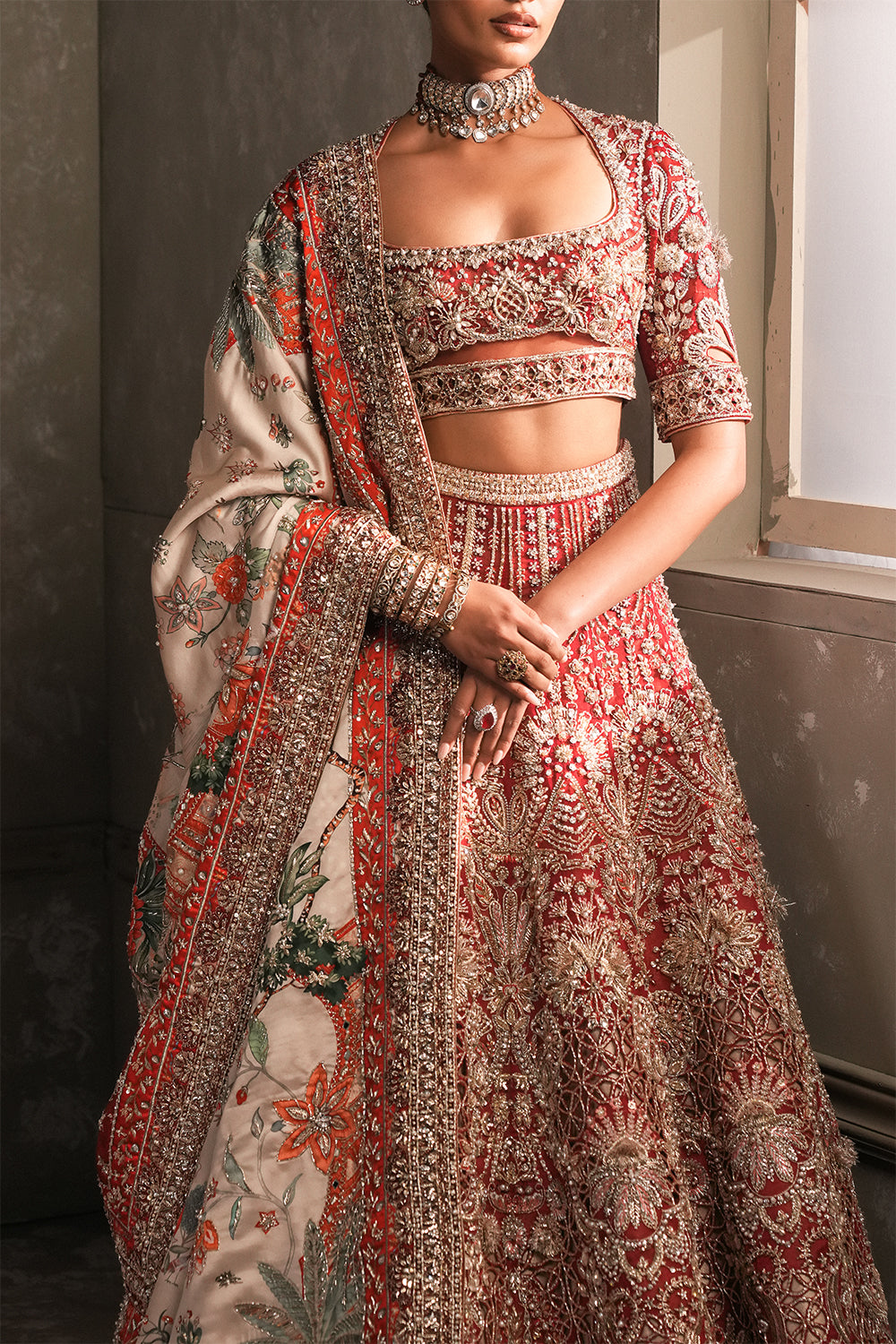 Pakistani Deep Red Embellished Organza & Silk Tissue Lehenga (3-Piece) - Image 6