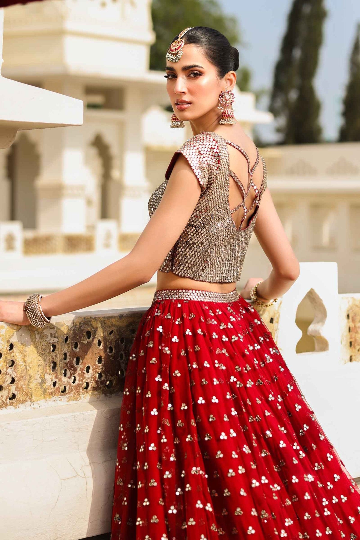 Deep Red Mirror Work Poly Net Lehenga (3-Piece) - Image 4
