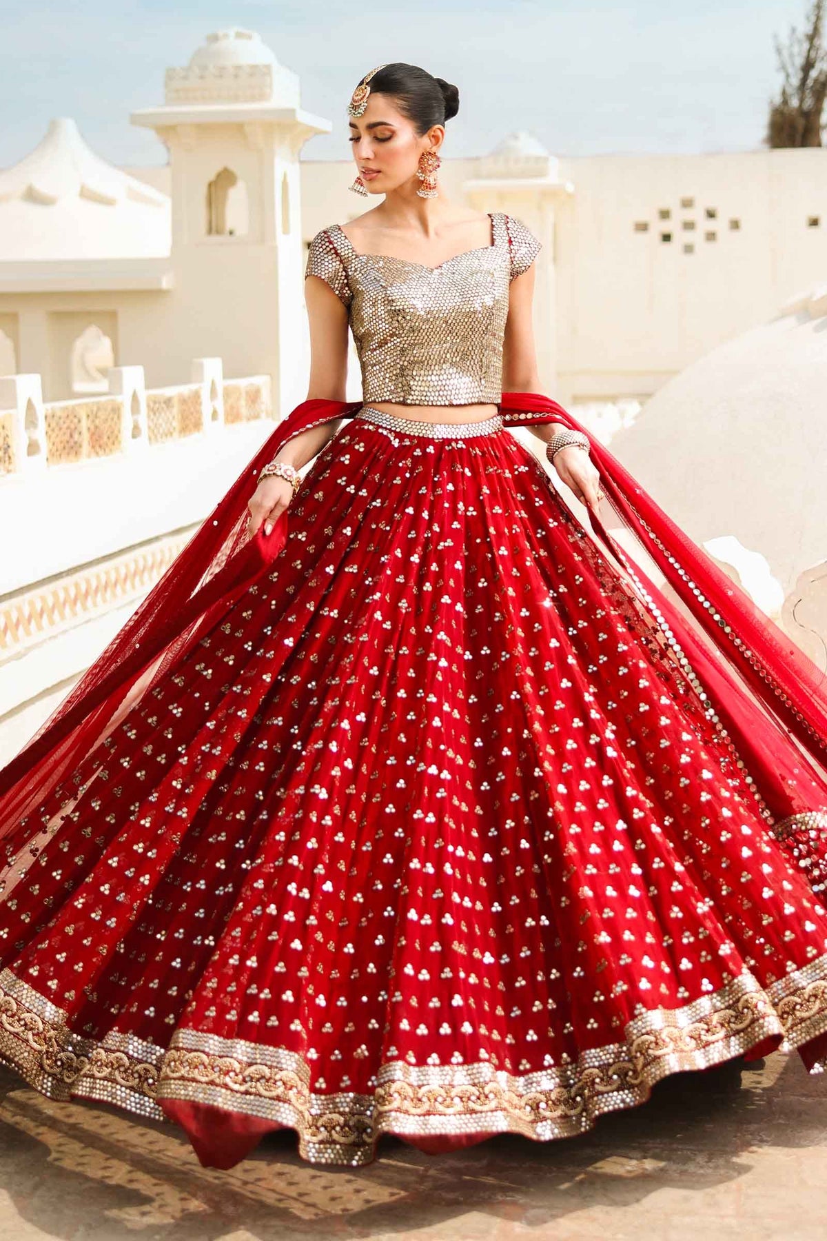 Deep Red Mirror Work Poly Net Lehenga (3-Piece) - Image 5