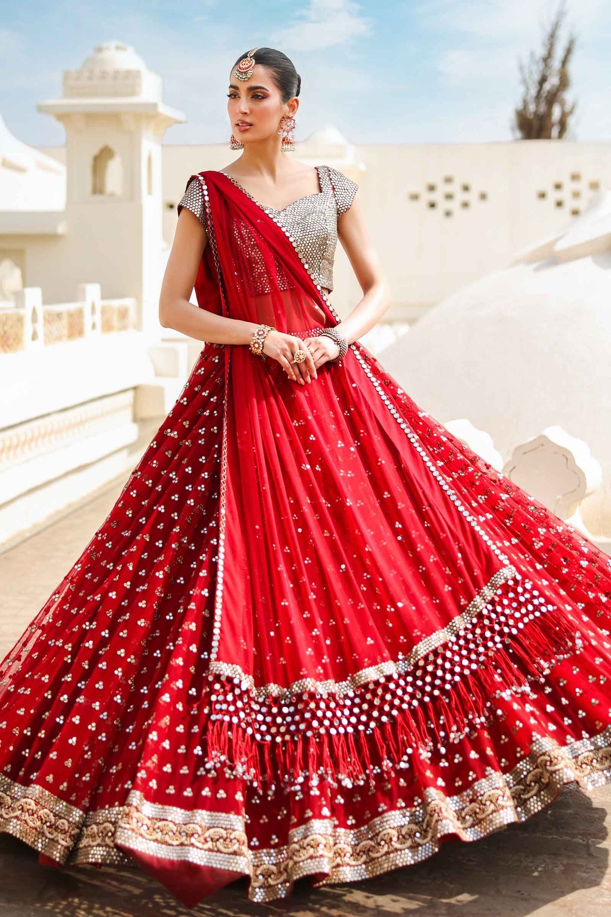 Deep Red Mirror Work Poly Net Lehenga (3-Piece) - Image 6