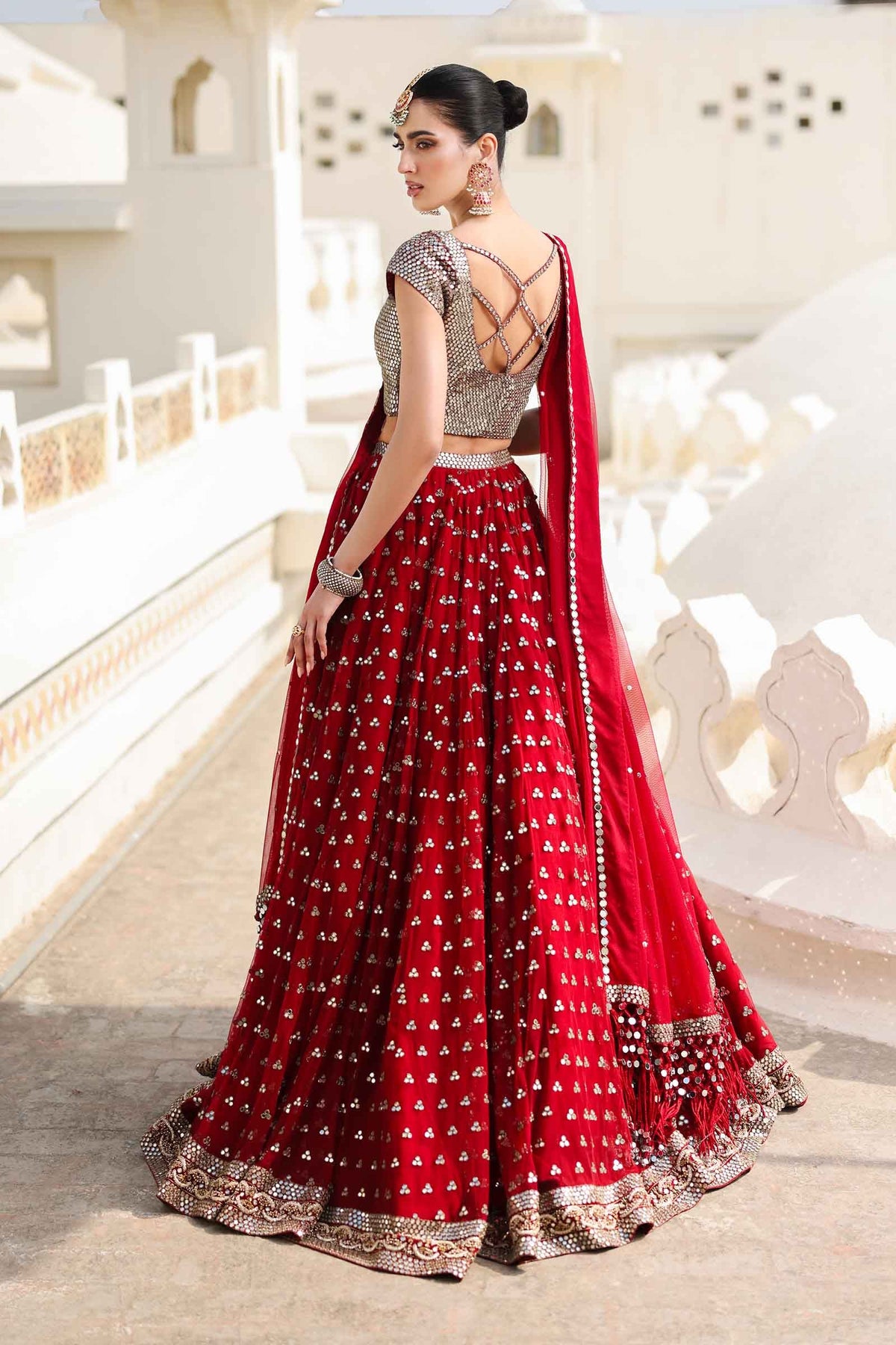 Deep Red Mirror Work Poly Net Lehenga (3-Piece) - Image 8