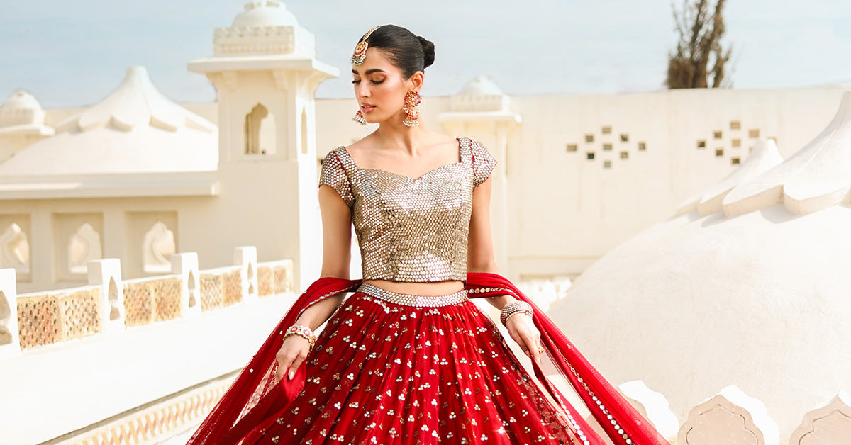 Deep Red Mirror Work Poly Net Lehenga (3-Piece) - Image 9