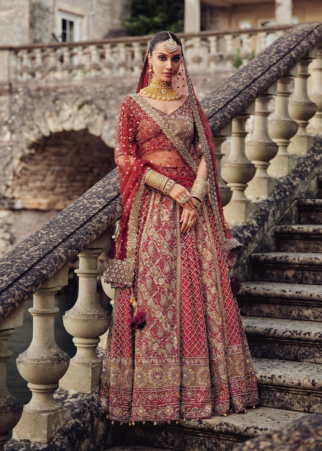 Deep Red Lucknowi Mukaish Pure Net Bridal Lehenga Choli (3-Piece) - Image 1