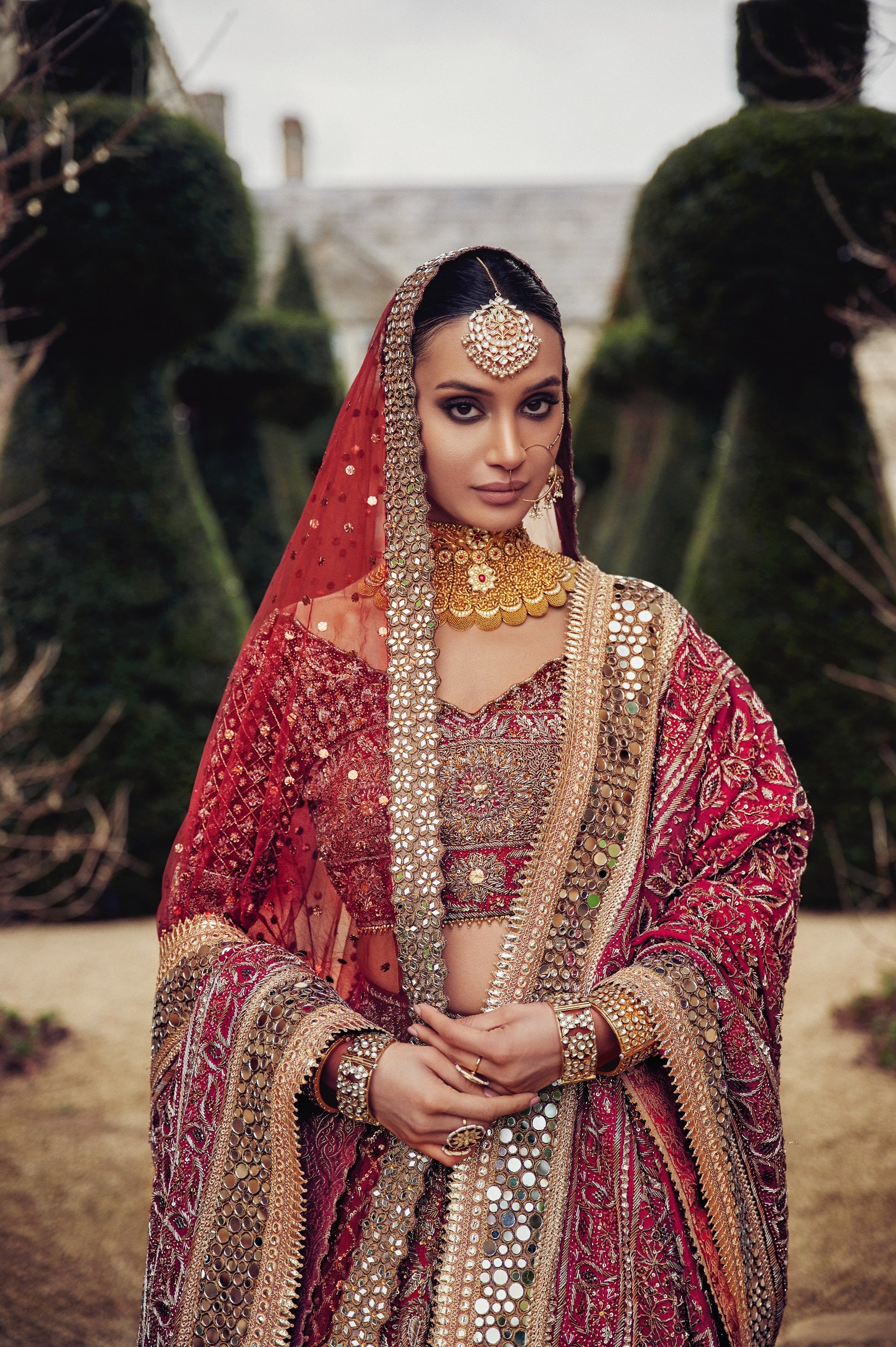 Deep Red Lucknowi Mukaish Pure Net Bridal Lehenga Choli (3-Piece) - Image 2