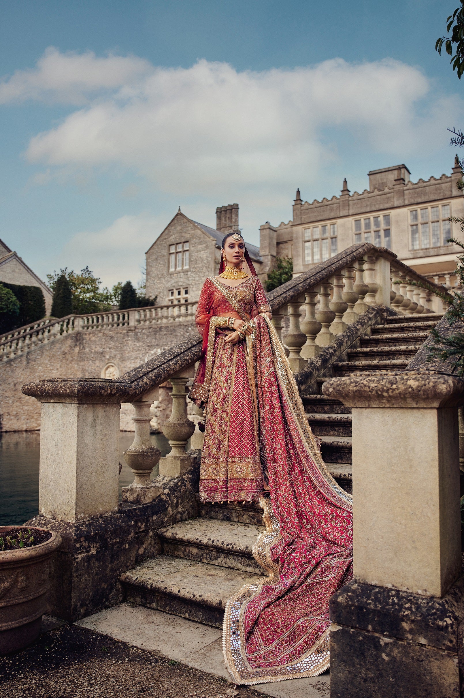 Deep Red Lucknowi Mukaish Pure Net Bridal Lehenga Choli (3-Piece) - Image 4