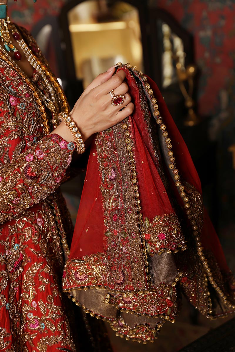 Red Zardozi Resham Silk Bridal Lehenga (3-Piece) - Image 13