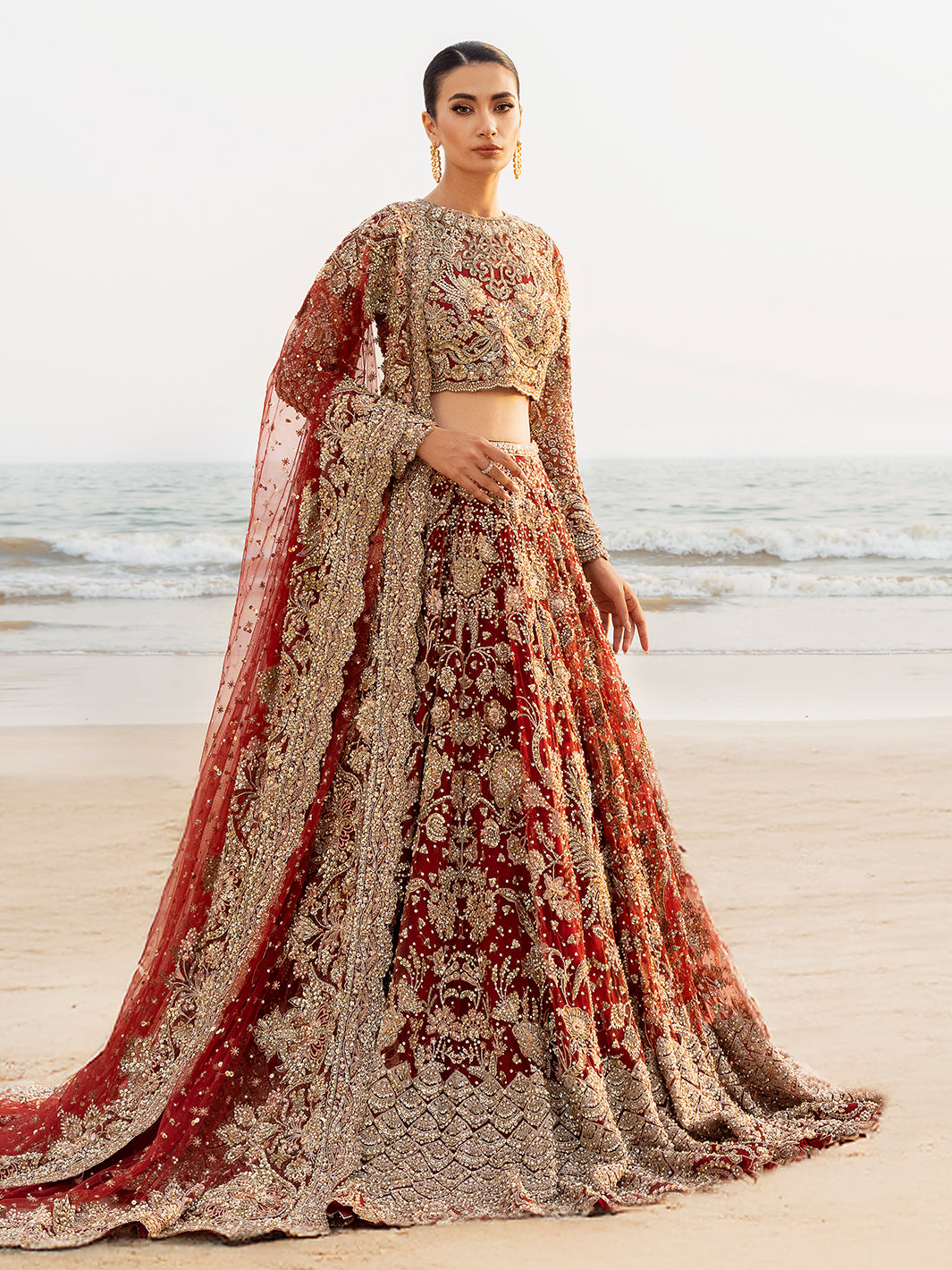 Pakistani Deep Red Embellished Raw Silk Bridal Lehenga Choli (3-Piece) - Image 1