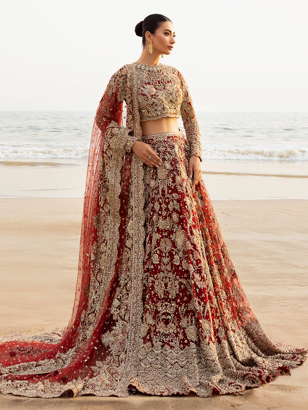 Pakistani Deep Red Embellished Raw Silk Bridal Lehenga Choli (3-Piece) - Image 10