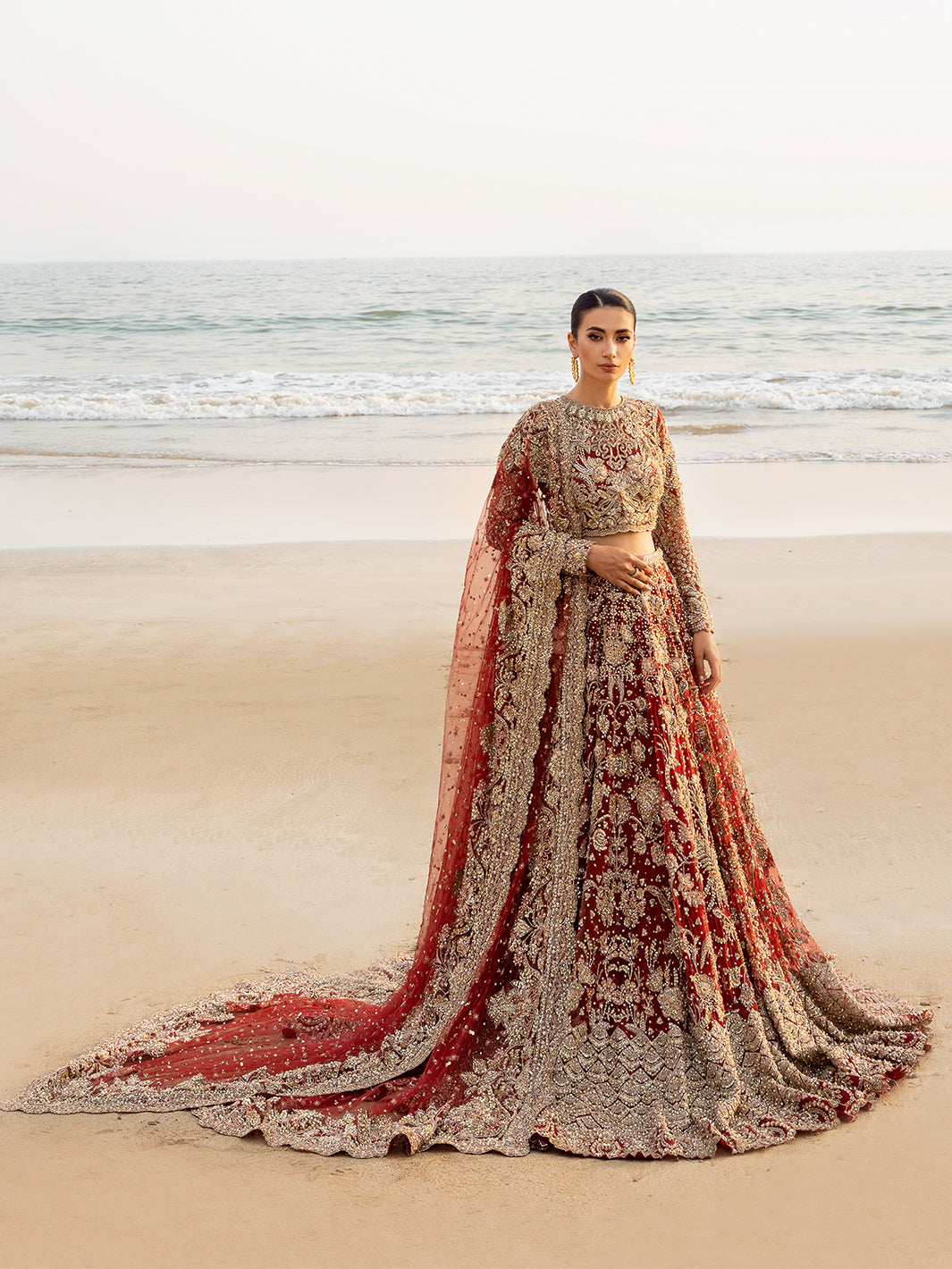 Pakistani Deep Red Embellished Raw Silk Bridal Lehenga Choli (3-Piece) - Image 11