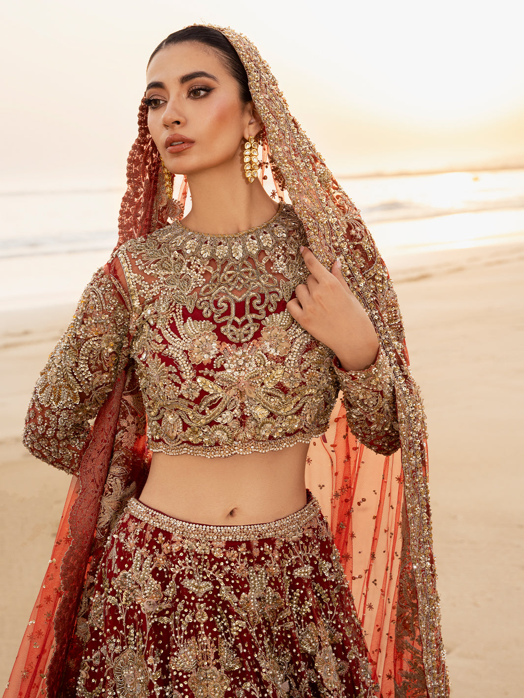 Pakistani Deep Red Embellished Raw Silk Bridal Lehenga Choli (3-Piece) - Image 2