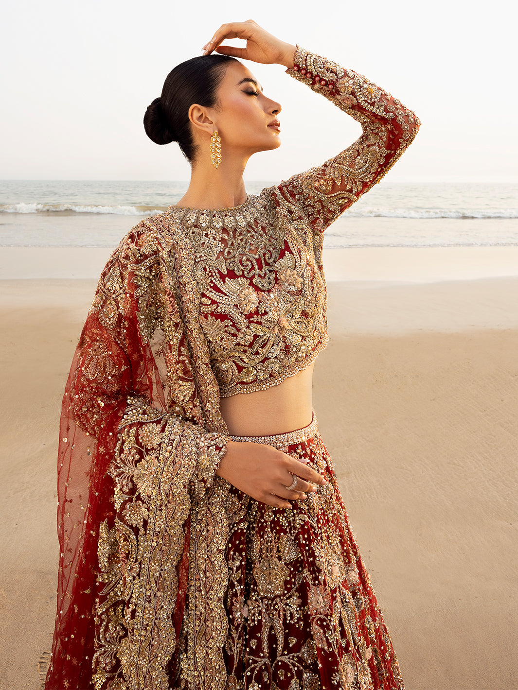 Pakistani Deep Red Embellished Raw Silk Bridal Lehenga Choli (3-Piece) - Image 5