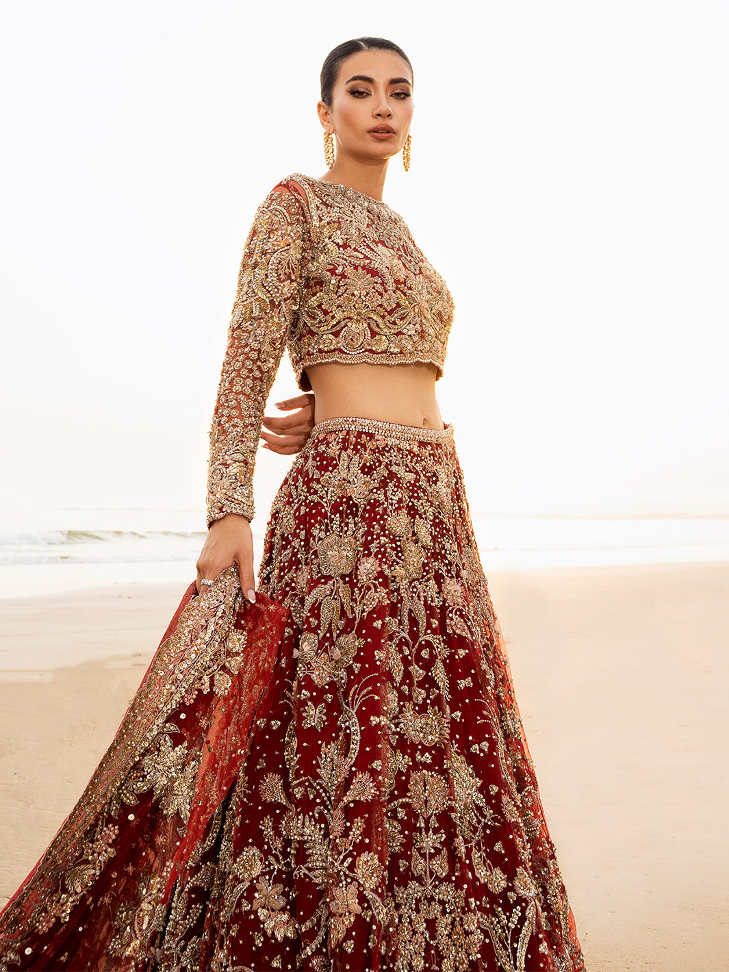 Pakistani Deep Red Embellished Raw Silk Bridal Lehenga Choli (3-Piece) - Image 7