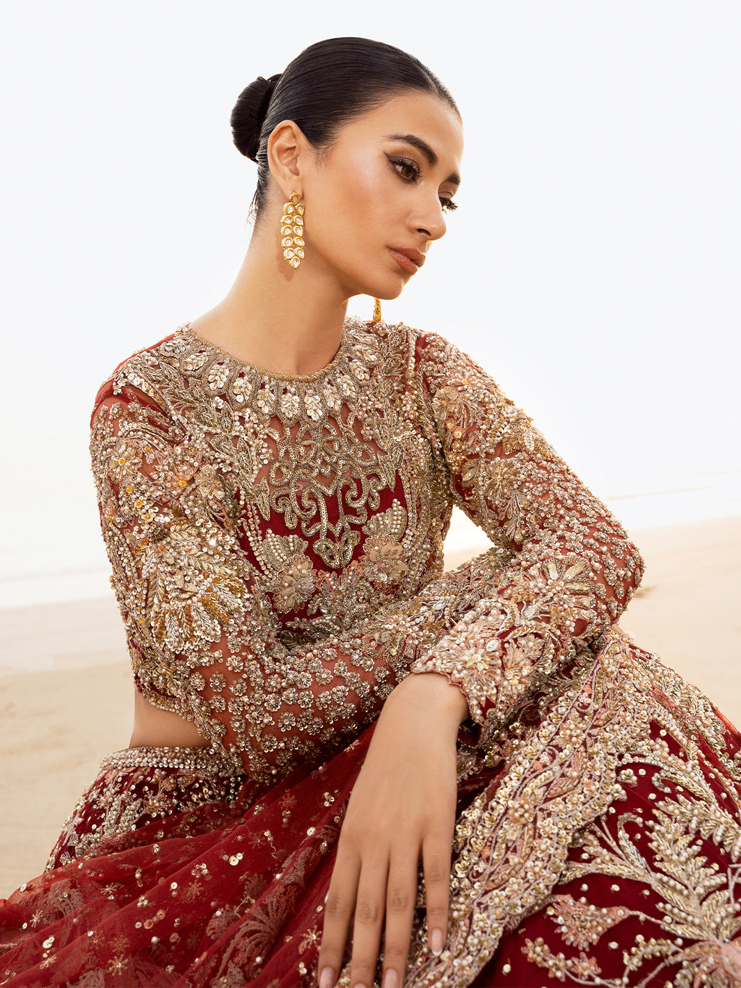 Pakistani Deep Red Embellished Raw Silk Bridal Lehenga Choli (3-Piece) - Image 8