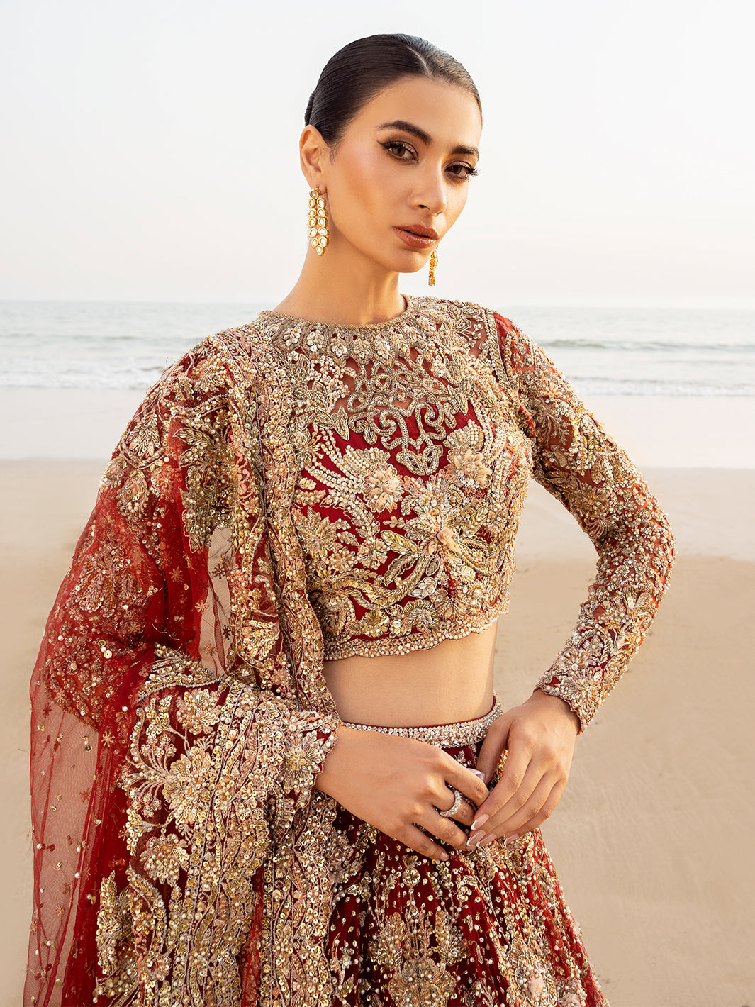 Pakistani Deep Red Embellished Raw Silk Bridal Lehenga Choli (3-Piece) - Image 9