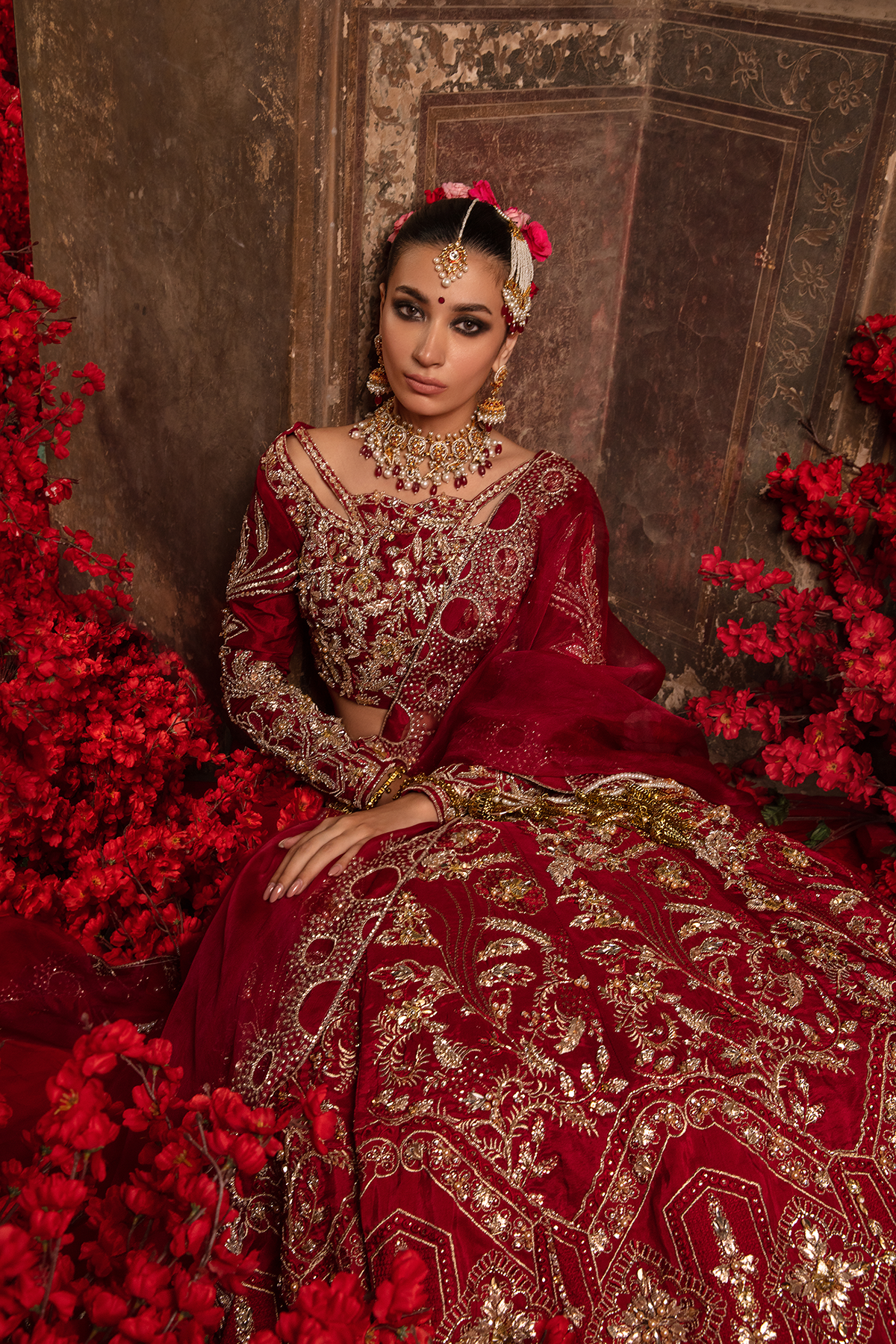 Pakistani Deep Red 3D Gold Embellished Raw Silk Lehnga Choli (3-Piece) - Image 10