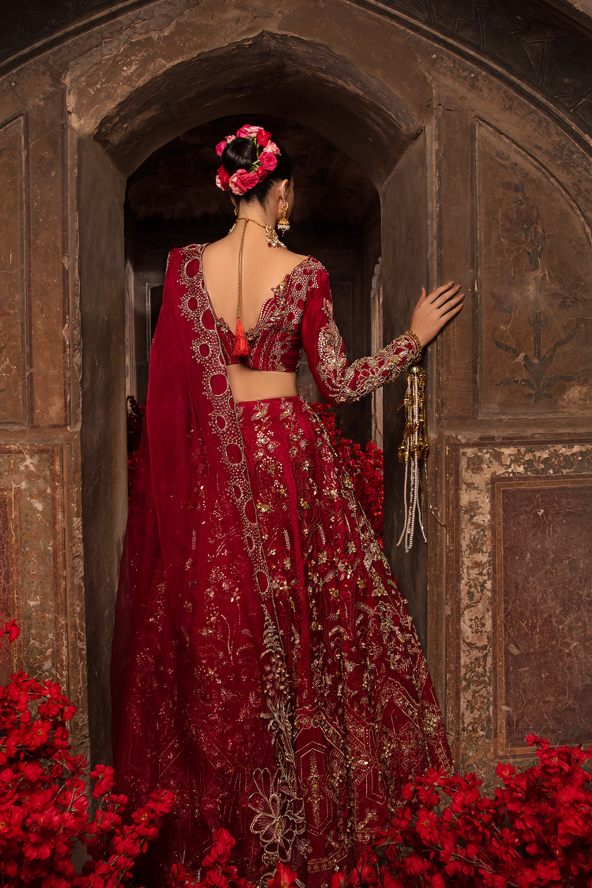 Pakistani Deep Red 3D Gold Embellished Raw Silk Lehnga Choli (3-Piece) - Image 2