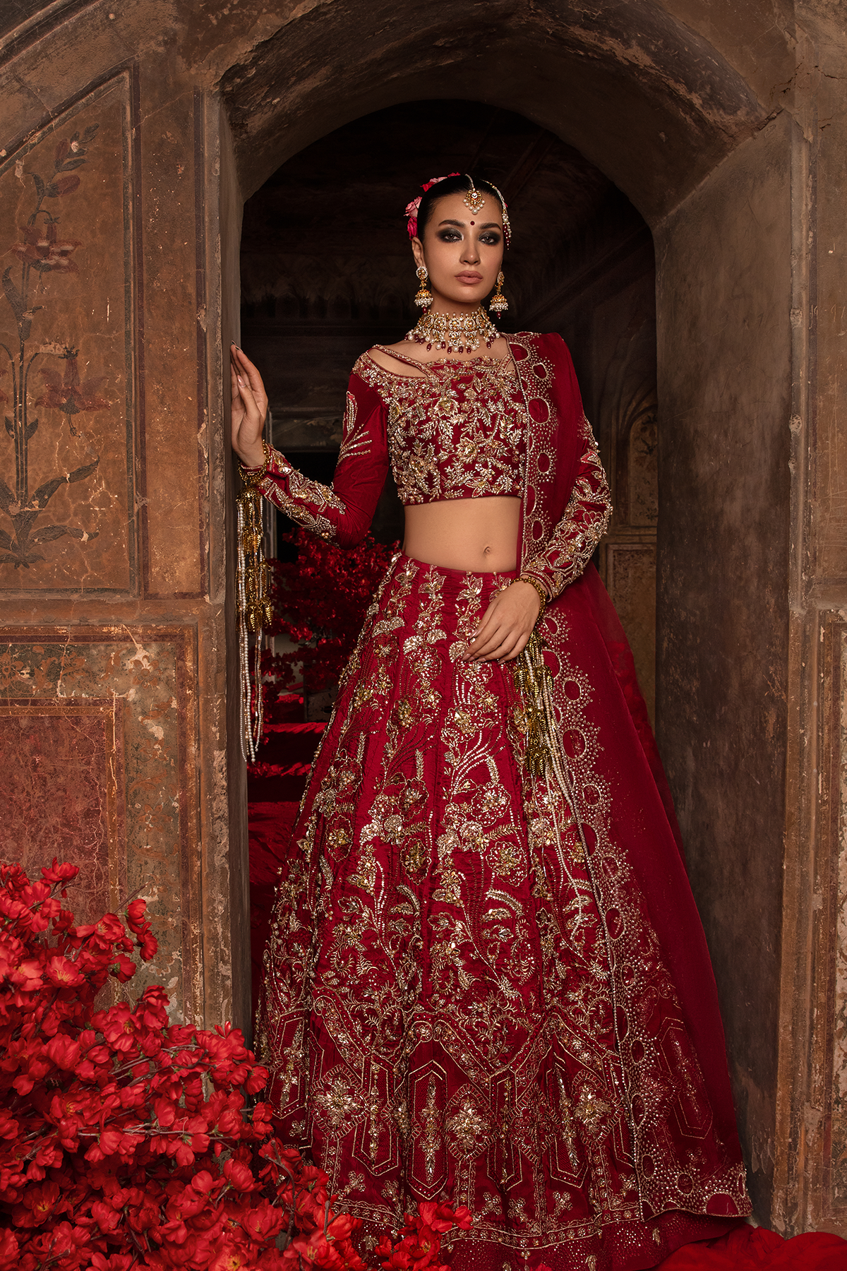 Pakistani Deep Red 3D Gold Embellished Raw Silk Lehnga Choli (3-Piece) - Image 3