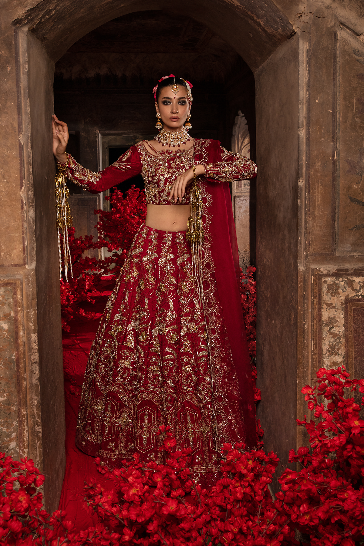 Pakistani Deep Red 3D Gold Embellished Raw Silk Lehnga Choli (3-Piece) - Image 5