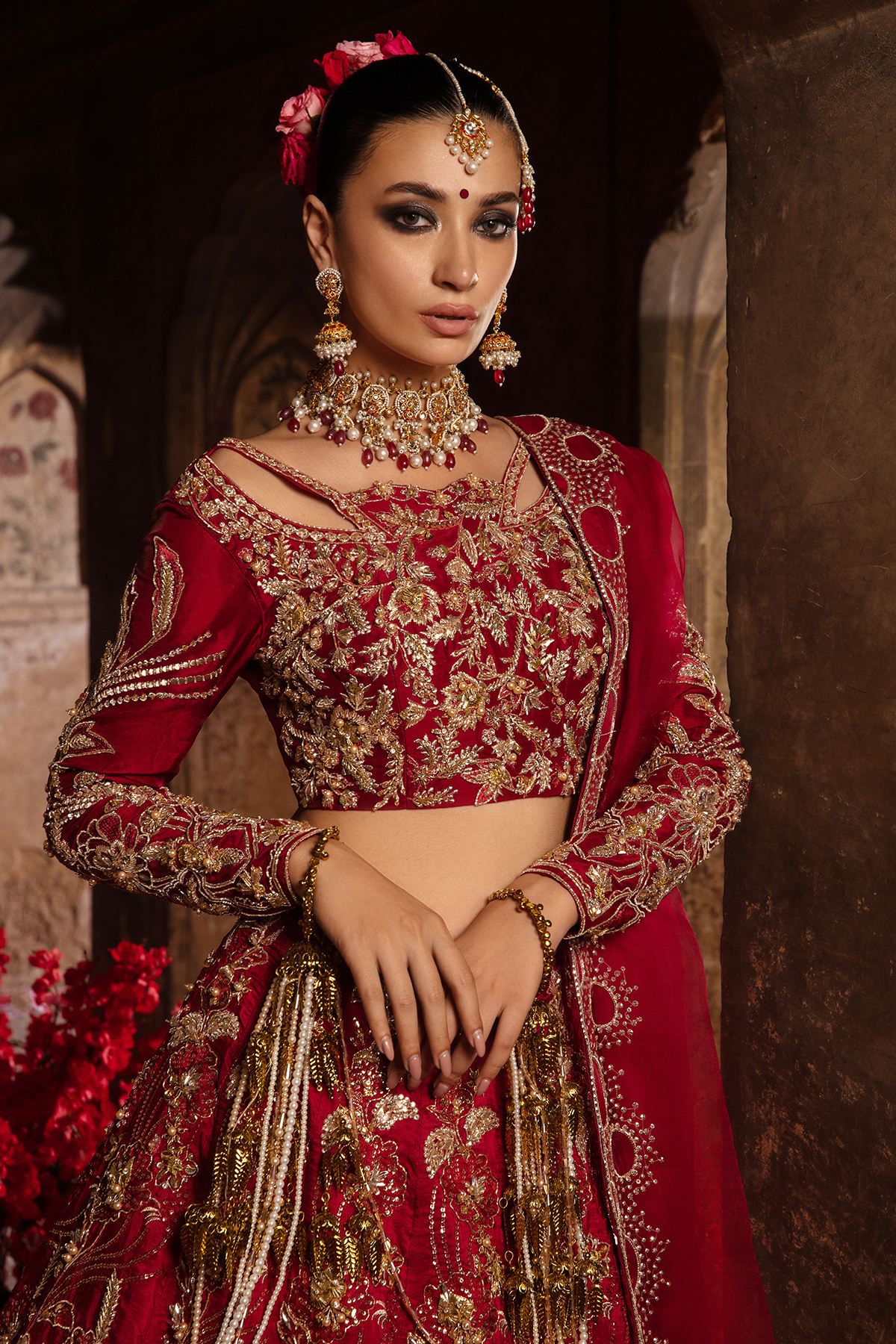 Pakistani Deep Red 3D Gold Embellished Raw Silk Lehnga Choli (3-Piece) - Image 6
