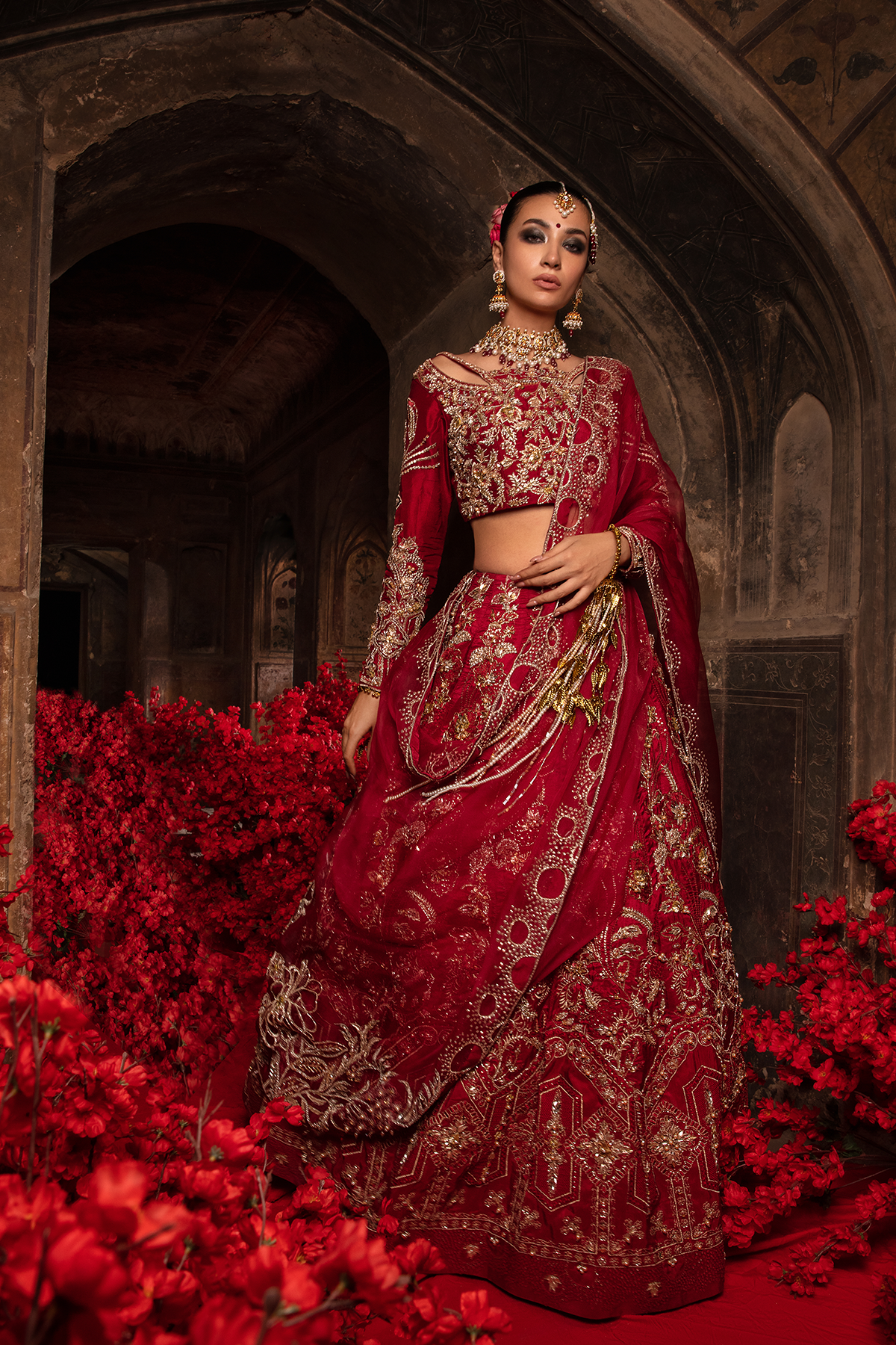 Pakistani Deep Red 3D Gold Embellished Raw Silk Lehnga Choli (3-Piece) - Image 8