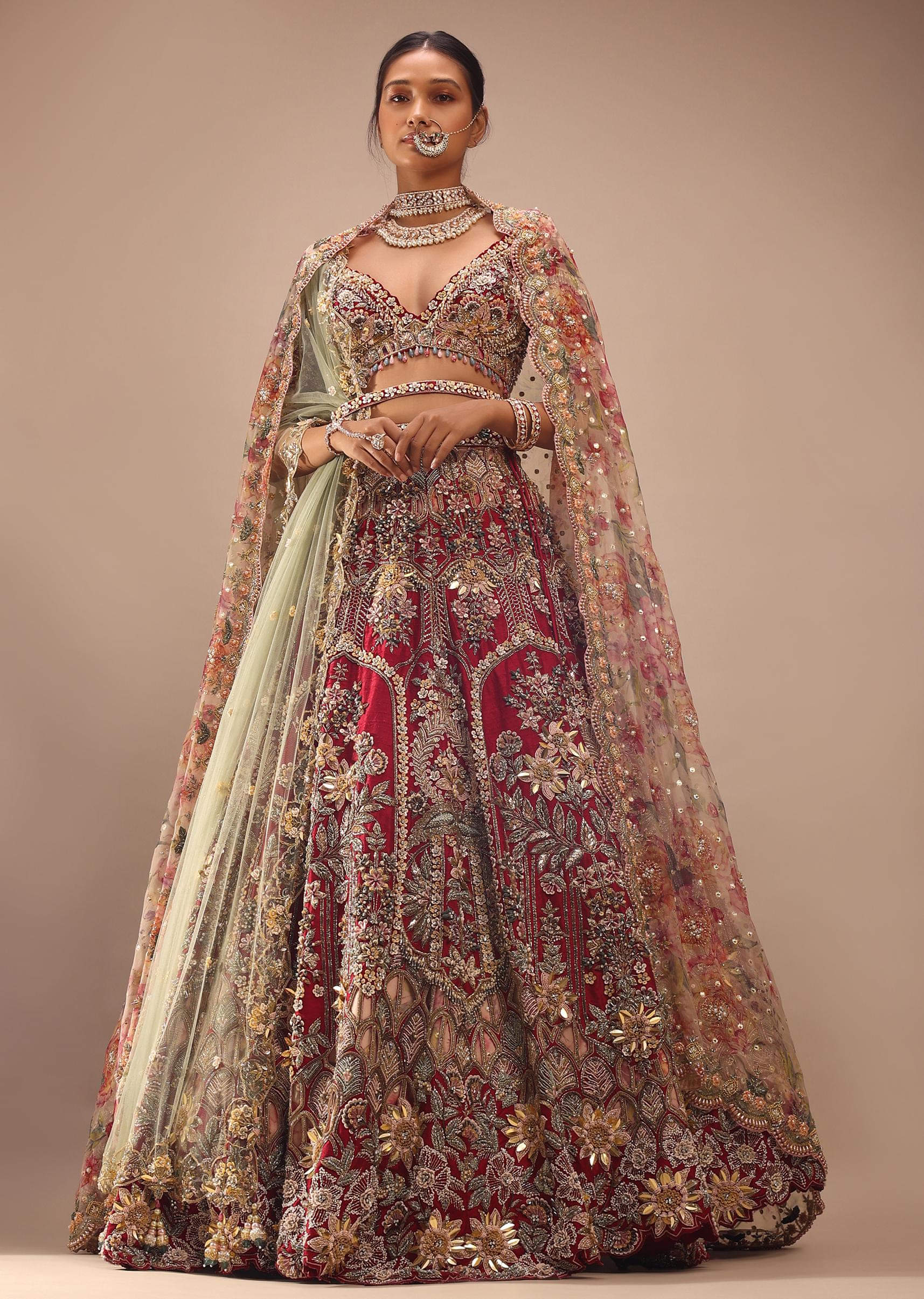 Pakistani Cherry Red 3D Petal Raw Silk Lehenga Choli (3-Piece) - Image 2